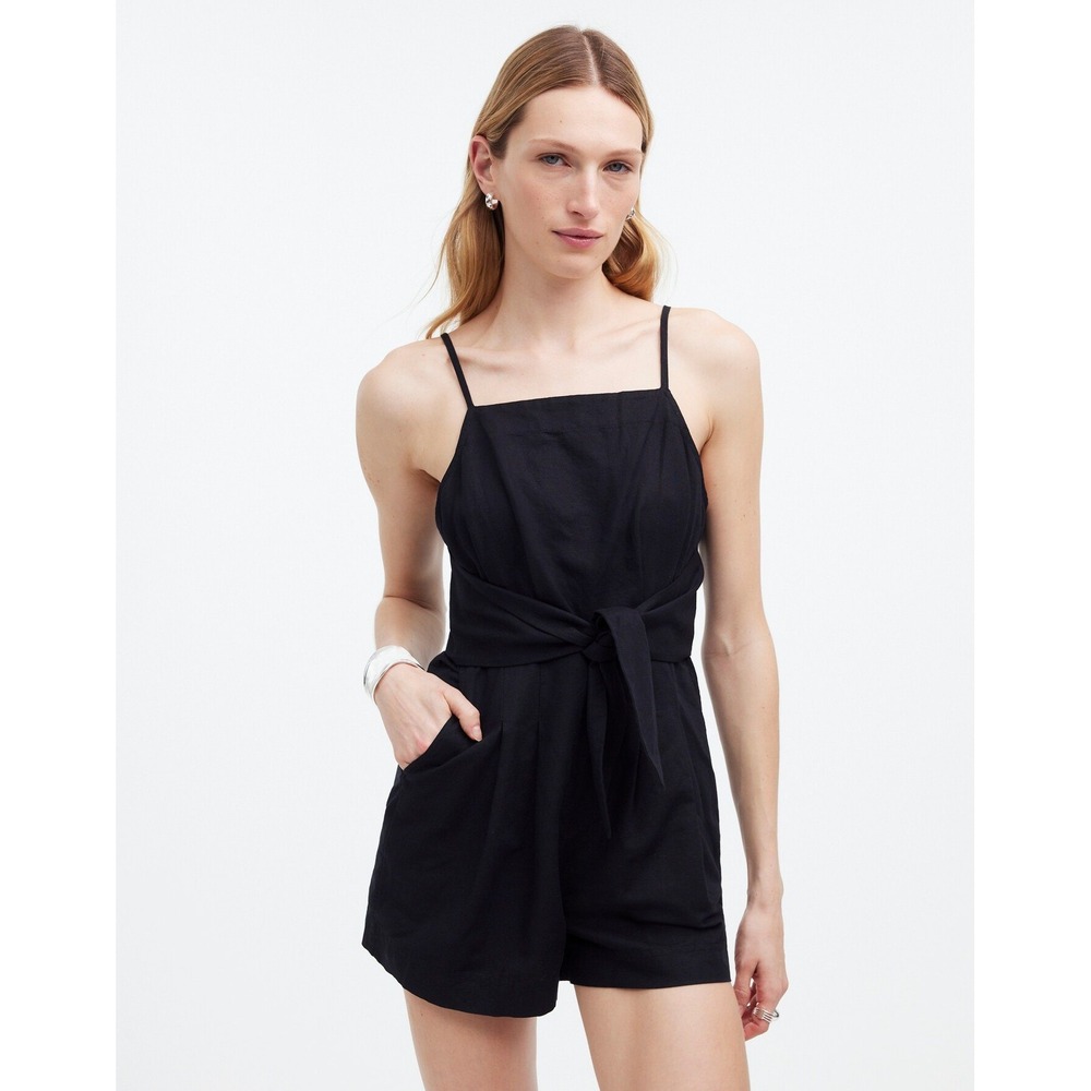 Madewell Tie-Waist Romper in True Black Linen-Blend Sleeveless N0635 Size 8